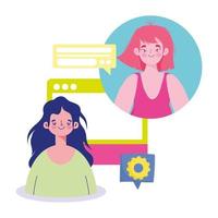 filles se connectant en ligne avec une bulle de dialogue numérique vecteur