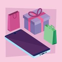 smartphone avec cadeaux et sacs à provisions vecteur