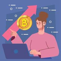 bitcoin avec une femme utilisant un ordinateur portable vecteur