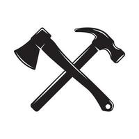 menuiserie vintage woodword mécanicien marteau hache croix. peut être utilisé comme emblème, logo, badge, étiquette. marque, affiche ou impression. art graphique monochrome. vecteur