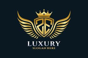 lettre d'aile royale de luxe ze crête or couleur logo vecteur, logo de victoire, logo de crête, logo d'aile, modèle de logo vectoriel. vecteur