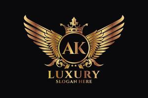 lettre d'aile royale de luxe ak crête vecteur de logo couleur or, logo de victoire, logo de crête, logo d'aile, modèle de logo vectoriel.