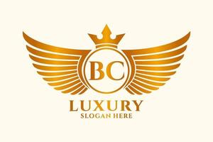lettre d'aile royale de luxe bc crête logo couleur or vecteur, logo de victoire, logo de crête, logo d'aile, modèle de logo vectoriel. vecteur