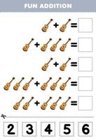 jeu éducatif pour les enfants addition amusante par coupe et correspondance numéro correct pour dessin animé instrument de musique guitare feuille de travail imprimable vecteur