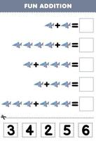 jeu éducatif pour les enfants addition amusante par coupe et correspondance numéro correct pour dessin animé mignon chasseur à réaction feuille de travail imprimable sur le transport vecteur