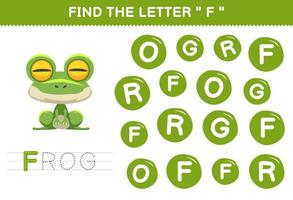 jeu éducatif pour les enfants trouver la lettre f avec une feuille de travail imprimable de grenouille verte d'animal de dessin animé mignon vecteur