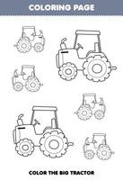 jeu d'éducation pour les enfants coloriage grande ou petite image de dessin au trait tracteur dessin animé mignon feuille de travail de ferme imprimable vecteur