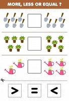 jeu éducatif pour les enfants plus moins ou égal comptez la quantité de pelle de dessin animé mignon arrosoir pour plantes puis coupez et collez coupez la bonne feuille de travail de la ferme vecteur