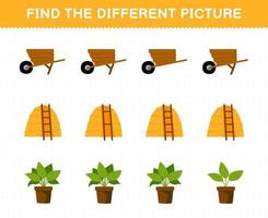 jeu éducatif pour les enfants trouver l'image différente dans chaque rangée de dessin animé mignon brouette botte de foin plante feuille de travail agricole imprimable vecteur