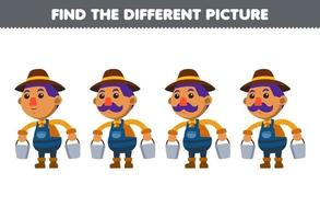 jeu éducatif pour les enfants trouver l'image différente d'un agriculteur moustache dessin animé mignon portant un seau feuille de travail agricole imprimable vecteur