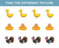 jeu éducatif pour les enfants trouver l'image différente dans chaque rangée de dessin animé mignon canard oeuf dinde feuille de travail imprimable de la ferme vecteur