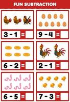 jeu éducatif pour les enfants soustraction amusante en comptant et en éliminant dessin animé mignon poulet poule oeuf nid coq ver poussin feuille de travail agricole imprimable vecteur