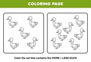 jeu d'éducation pour les enfants coloriage plus ou moins image de canard dessin animé mignon dessin au trait ensemble feuille de travail de ferme imprimable vecteur
