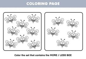 jeu d'éducation pour les enfants coloriage plus ou moins image de dessin animé mignon abeille dessin au trait ensemble feuille de travail de ferme imprimable vecteur