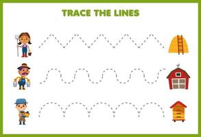 jeu d'éducation pour les enfants pratique de l'écriture tracer les lignes avec dessin animé mignon agriculteur botte de foin image de grange feuille de travail agricole imprimable vecteur