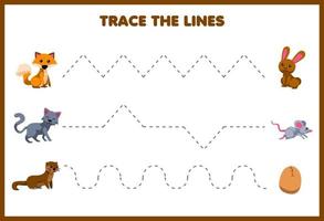 jeu d'éducation pour les enfants pratique de l'écriture tracer les lignes avec un dessin animé mignon renard chat belette lapin souris oeuf image feuille de travail agricole imprimable vecteur