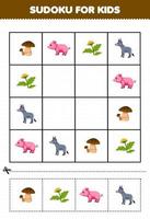 jeu éducatif pour les enfants sudoku pour les enfants avec dessin animé mignon cochon âne champignon fleur imprimable ferme feuille de travail vecteur