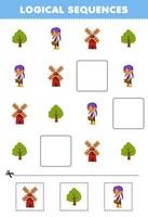 jeu d'éducation pour les enfants séquences logiques pour les enfants avec dessin animé mignon arbre agriculteur fille image de moulin à vent feuille de travail agricole imprimable vecteur