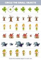 jeu éducatif pour les enfants encerclez le plus petit objet dans chaque rangée de dessin animé mignon arbre à feuilles de trèfle fée champignon maison loup-garou nain feuille de travail imprimable halloween vecteur