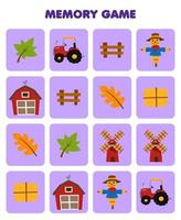 jeu éducatif pour les enfants mémoire pour trouver des images similaires de dessin animé mignon feuille tracteur clôture épouvantail clôture de grange foin moulin à vent feuille de travail agricole imprimable vecteur
