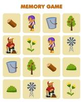 jeu d'éducation pour les enfants mémoire pour trouver des images similaires de bûche de bois de dessin animé mignon agriculteur fille seau arbre bûcheron moulin à vent feuille de travail agricole imprimable vecteur