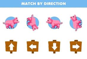 jeu éducatif pour les enfants match par direction orientation gauche droite vers le haut ou vers le bas de la feuille de travail de ferme imprimable de cochon de dessin animé mignon vecteur