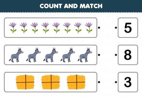 jeu éducatif pour les enfants comptez le nombre de foin d'âne de fleur de dessin animé mignon et faites correspondre avec les bons chiffres feuille de travail de ferme imprimable vecteur