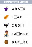 jeu éducatif pour les enfants compléter les lettres de dessin animé mignon feuille de vigne corbeau agriculteur baril feuille de travail agricole imprimable vecteur