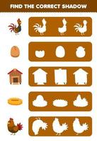 jeu éducatif pour les enfants trouver l'ombre correcte silhouette de dessin animé mignon poulet coq nid oeuf coop nid feuille de travail ferme imprimable vecteur