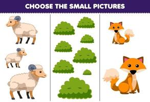 jeu éducatif pour les enfants choisissez la petite image de la feuille de travail de la ferme imprimable du renard buisson de moutons de dessin animé mignon vecteur