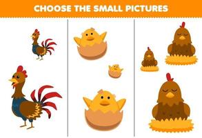 jeu éducatif pour les enfants choisir la petite image de dessin animé mignon poulet coq poussin poule feuille de travail de ferme imprimable vecteur