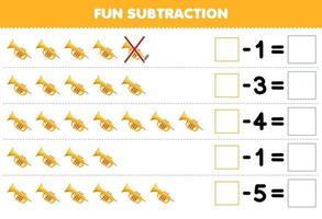 jeu éducatif pour les enfants soustraction amusante en comptant la trompette de dessin animé dans chaque rangée et en l'éliminant feuille de calcul d'instrument de musique imprimable vecteur