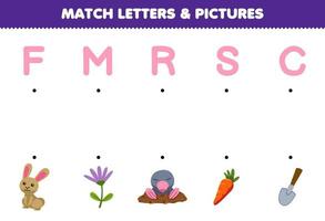 jeu éducatif pour les enfants match lettres et images de dessin animé mignon lapin fleur taupe carotte pelle imprimable ferme feuille de travail vecteur