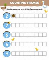 jeu éducatif pour les enfants lisez le nombre et remplissez les cadres de la feuille de travail imprimable de la ferme de l'étang de canard de dessin animé mignon vecteur