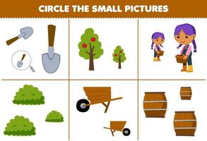 jeu d'éducation pour les enfants cercle la petite image de dessin animé mignon pelle arbre agriculteur fille buisson brouette baril en bois feuille de travail agricole imprimable vecteur