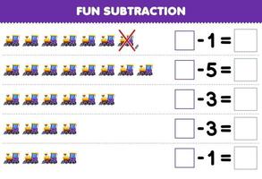 jeu éducatif pour les enfants soustraction amusante en comptant le train de locomotive violet de dessin animé dans chaque rangée et en l'éliminant feuille de travail de transport imprimable vecteur