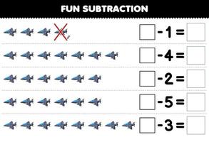 jeu éducatif pour les enfants soustraction amusante en comptant le chasseur à réaction noir de dessin animé dans chaque rangée et en l'éliminant feuille de calcul de transport imprimable vecteur