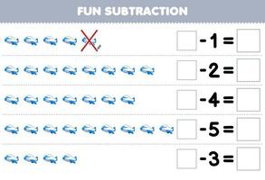 jeu éducatif pour les enfants soustraction amusante en comptant l'avion blanc de dessin animé dans chaque rangée et en l'éliminant feuille de calcul de transport imprimable vecteur