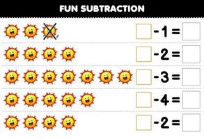 jeu éducatif pour les enfants soustraction amusante en comptant le soleil de dessin animé mignon dans chaque rangée et en l'éliminant feuille de travail imprimable du système solaire vecteur