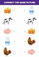 jeu éducatif pour les enfants connecter la même image de dessin animé mignon fromage vache viande lait poulet feuille de travail ferme imprimable vecteur