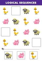 jeu éducatif pour les enfants séquences logiques pour les enfants avec dessin animé mignon canard cochon mouton image imprimable feuille de travail des animaux de la ferme vecteur