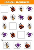 jeu éducatif pour les enfants séquences logiques pour les enfants avec dessin animé mignon coccinelle abeille araignée image imprimable insecte animal feuille de travail vecteur