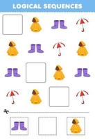 jeu d'éducation pour les enfants séquences logiques pour les enfants avec dessin animé mignon imperméable bottes parapluie imprimable portable vêtements feuille de travail vecteur