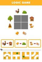 jeu éducatif pour les enfants puzzle logique construire la route pour dessin animé mignon poulet poussin et renard feuille de travail de ferme imprimable vecteur