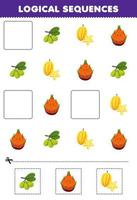 jeu éducatif pour les enfants séquences logiques pour les enfants avec dessin animé mignon olive star fruit dragon fruit feuille de travail imprimable sur les fruits vecteur