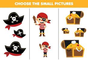 jeu éducatif pour les enfants choisir la petite image de dessin animé mignon chapeau de pirate coffre au trésor feuille de travail imprimable halloween vecteur