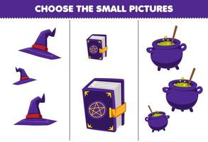 jeu éducatif pour les enfants choisir la petite image de dessin animé mignon chapeau violet livre magique chaudron feuille de travail imprimable halloween vecteur