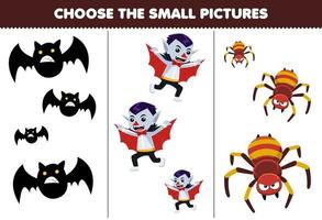 jeu éducatif pour les enfants choisir la petite image de dessin animé mignon chauve-souris araignée costume de dracula feuille de travail imprimable halloween vecteur