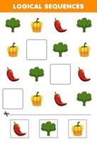 jeu éducatif pour les enfants séquences logiques pour les enfants avec dessin animé mignon épinards paprika piment feuille de travail imprimable sur les légumes vecteur