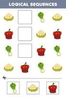 jeu éducatif pour les enfants séquences logiques pour les enfants avec dessin animé mignon chou-fleur paprika laitue feuille de travail de légumes imprimable vecteur